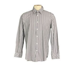 Men’s Structure Premium Woven Gray Black Striped Button Front Shirt Size L 41-43